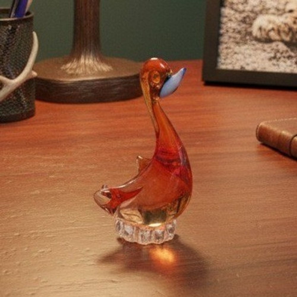 Hand Blown Glass Art Orange‎ Swan, Vintage Pedestal Goose Sculpture, Paperweight